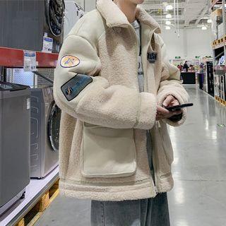 Lettering Patch Fleece Paneled Zip Jacket