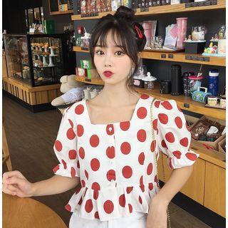 Dotted Square-neck Puff-sleeve Top