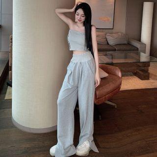 Lettering Tube Top / Slited Wide-leg Pants