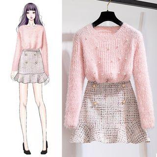 Set: Faux Pearl Accent Sweater + Frill Trim Tweed Mini Skirt