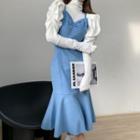 Puff-sleeve High-neck Shirt / Suspender Mermaid Dress