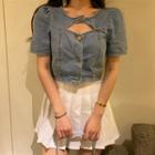 Cut-out Short-sleeve Denim Top As Shown In Figure - One Size