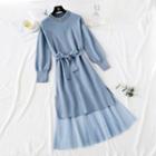 Set: Faux Pearl Long-sleeve Knit Dress + Mesh Midi A-line Skirt
