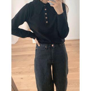 Collar-detail Half-placket Wool Blend Knit Top