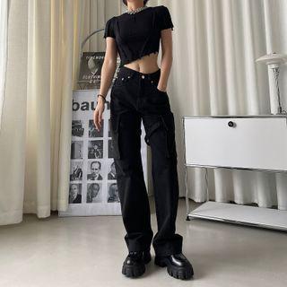 High-waist Plain Straight-cut Cargo Pants