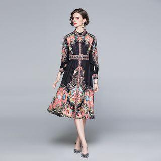 Long-sleeve Collared Print Midi A-line Dress