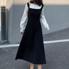 Long-sleeve Mock Two-piece Knit Midi A-line Dress Black - One Size