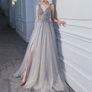 Sleeveless Embellished Mesh Slit Cocktail Dress