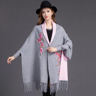 Flower Embroidered Fringed Long Knit Cape