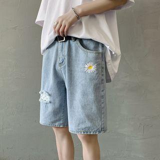 Flower Embroidered Distressed Denim Straight Leg Shorts