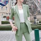 Set: Elbow-sleeve Plaid Panel Single-button Blazer + Dress Pants