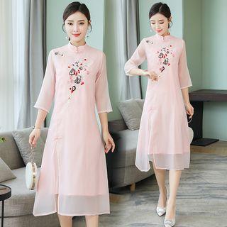 3/4-sleeve Embroidered Midi Mandarin Collar Dress