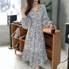 Puff-sleeve Floral Print Midi A-line Dress Blue & White - One Size