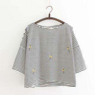 Embroidered 3/4-sleeve Stripe Top