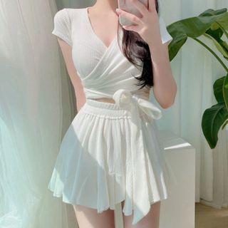Set: Short-sleeve Wrap Swim Top + Swim Skirt