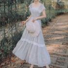 Short-sleeve Lace Paneled A-line Midi Chiffon Dress