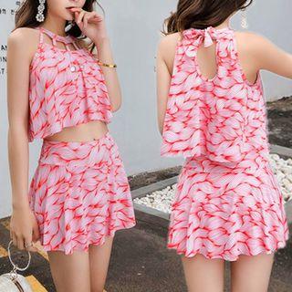 Set Of 2: Print Halter Swim Top + Swim Skirt