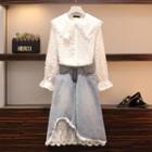 Bell-sleeve Blouse / Collared Blouse / Lace Panel A-line Denim Skirt