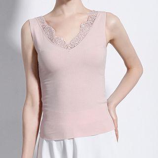 Lace Trim V-neck Rib-knit Tank Top