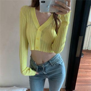 V-neck Long-sleeve Knit Cropped Cardigan
