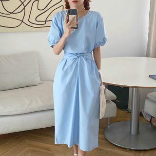 Tie-waist Puff-sleeve Midi A-line Dress