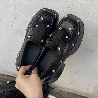 Rhinestone Platform Block-heel Loafers