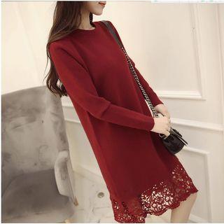 Long-sleeve Lace Paneled Knit Dress