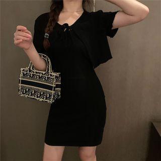 Set: Mini Bodycon Tank Dress + Short-sleeve Tie-front Cropped Jacket