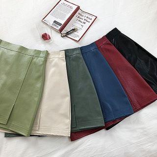 Asymmetric Plain High-waist Faux Leather Skirt