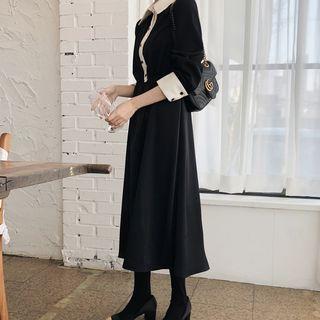 Elbow-sleeve A-line Midi Dress Black - One Size