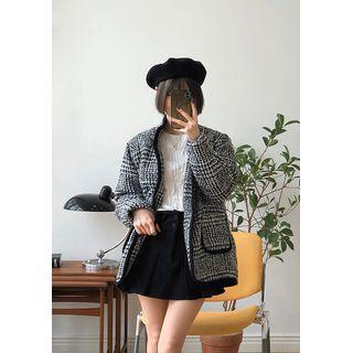High-neck Plaid Jacket & Belt Black - One Size