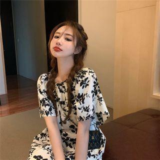 Floral Short-sleeve Tie-waist Midi A-line Dress Floral - One Size