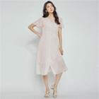 Bell-sleeve Button-front Textured Dress With Sash