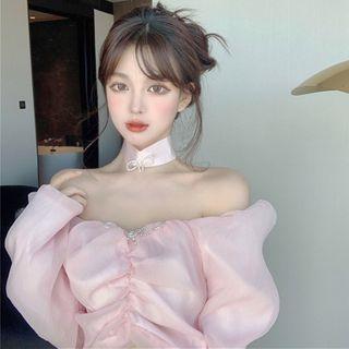 Set: Long-sleeve Mesh Blouse + Choker