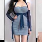 Set: Mesh Halter Sleeveless Mini Sheath Dress + Oversleeves With Oversleeves - Blue - One Size