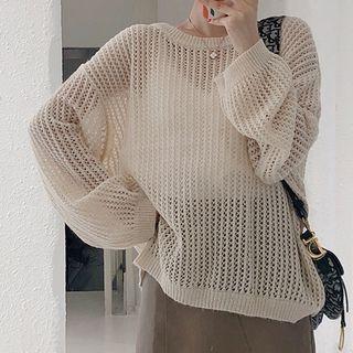 Plain Long-sleeve Eyelet Knit Top