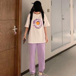 Elbow-sleeve Floral Print T-shirt / Pants