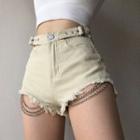 High-waist Washed Wide Leg Shorts With Chain