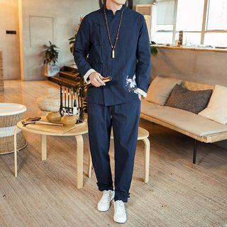 Set: Embroidered Frog-button Shirt + Pants