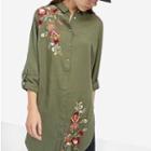 Floral Embroidered Long-sleeved Print Open-front Long Blouse