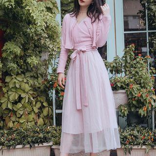 Set: Cropped Cardigan + Long-sleeve Midi Mesh Knit Dress