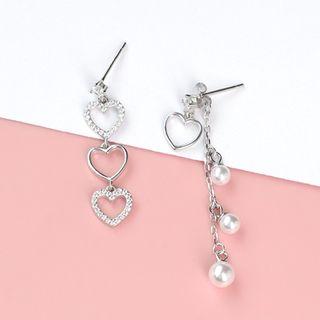 925 Sterling Silver Faux Pearl Rhinestone Heart Dangle Earring Silver - One Size