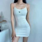 Lettering Embroidered Shaping Spaghetti-strap Dress