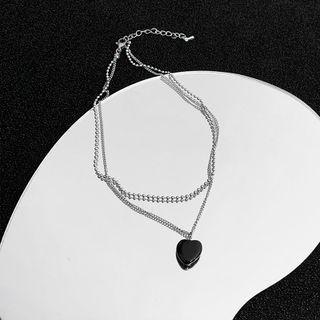 Heart Pendant Layered Alloy Choker Black - One Size