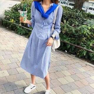 Pintuck-waist Stripe Long Shirtdress