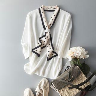 Short-sleeve Dot Print Tie-neck Knit Top