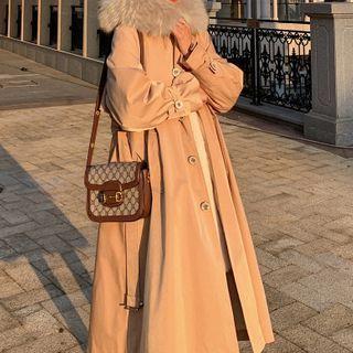 Faux Fur Trim Long Button Coat