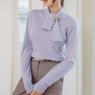 Plain Tie-neck Long-sleeve Knit Top