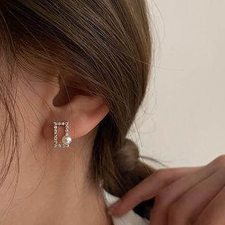 Rectangle Rhinestone Faux Pearl Earring 1 Pair - Gold - One Size