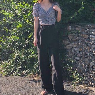 Short-sleeve Plaid Crinkled Cropped Top / Wide-leg Pants